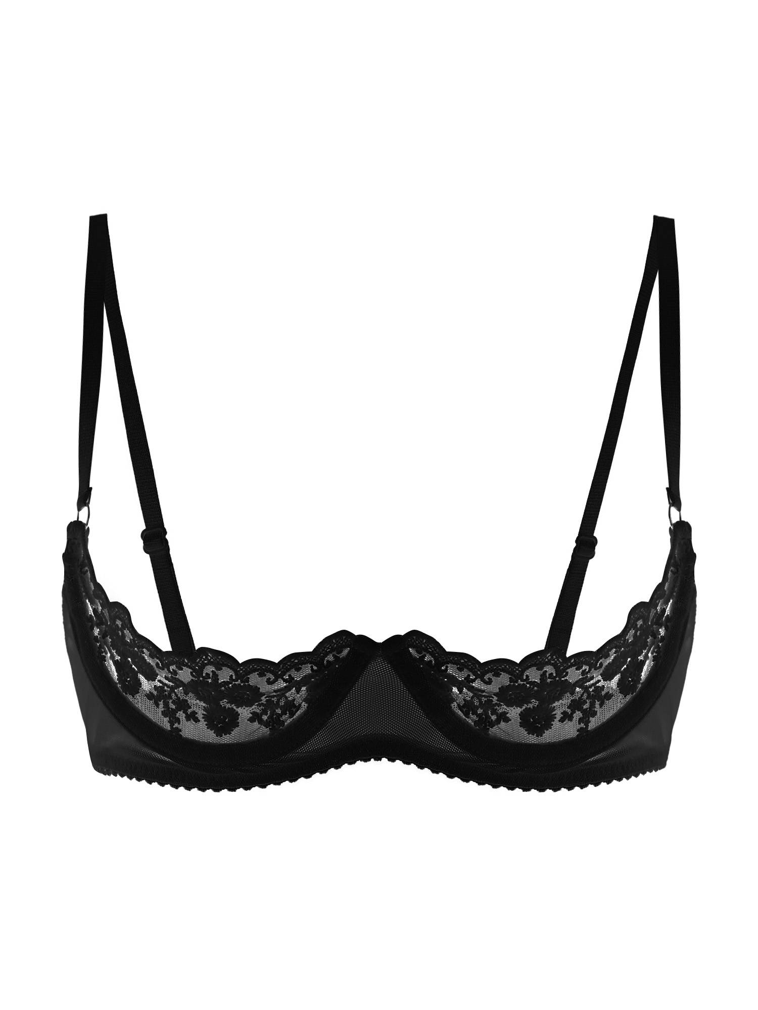 Sheer Mesh Bra - บราเซ็กซี่สำหรับผู้หญิง แบบเปิดคัพ ผ้าลูกไม้บาง โชว์หัวนม สายปรับได้ ชุดชั้นใน