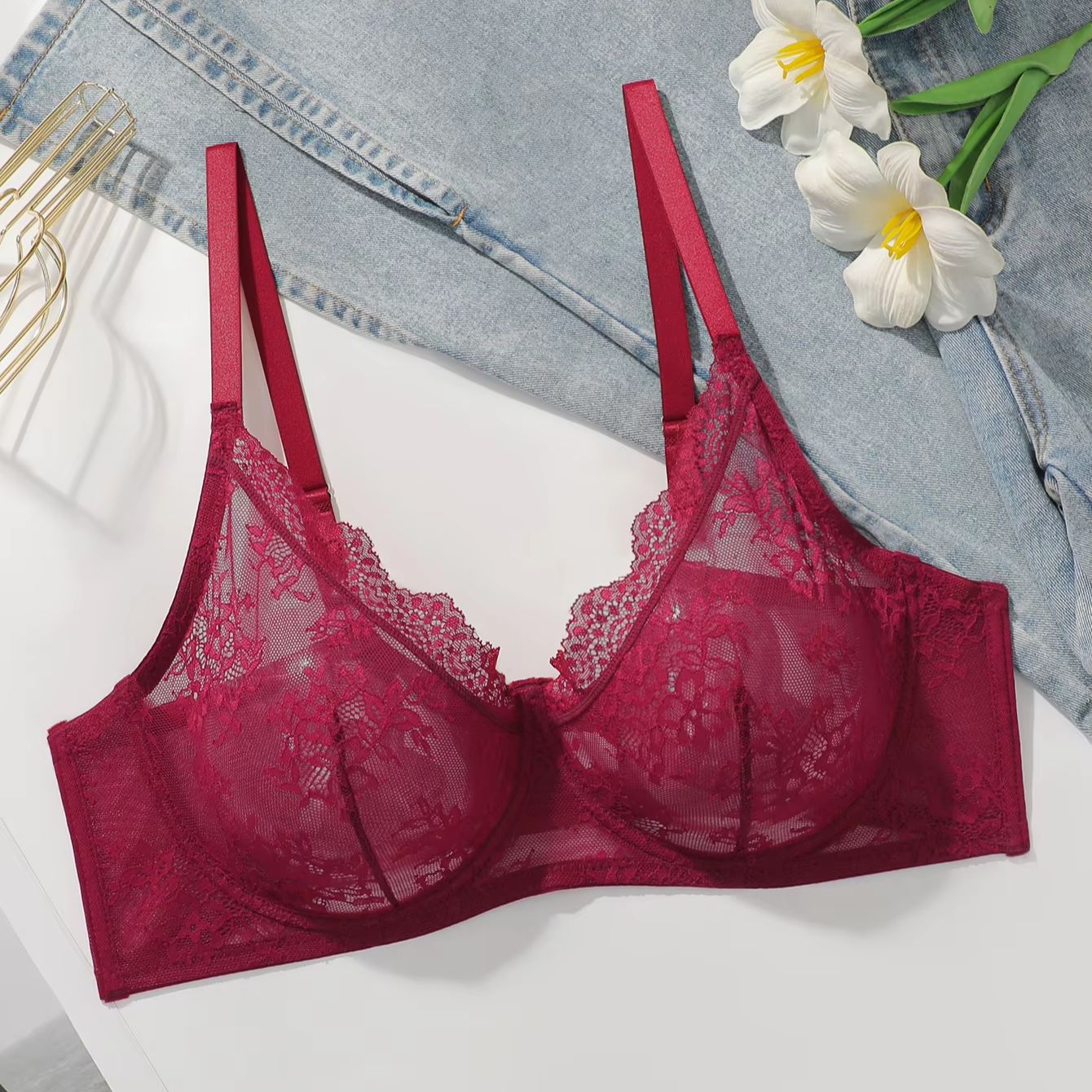 บราลูกไม้สีแดงสำหรับผู้หญิงไซส - Sheer Mesh Bra บทวิจารณ์และราคา